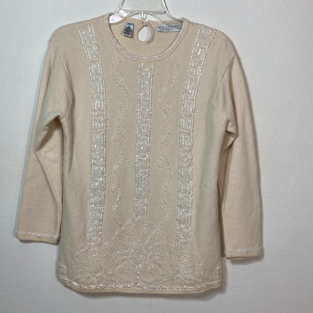 Vintage Valerie Stevens Evening Ivory Beaded Wool Sweater Size Medium